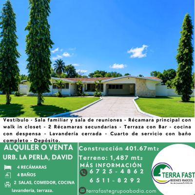 Casa en Venta o Alquiler en Urbanización La Perla, David, Chiriquí | 4 Recámaras y 4 Baños